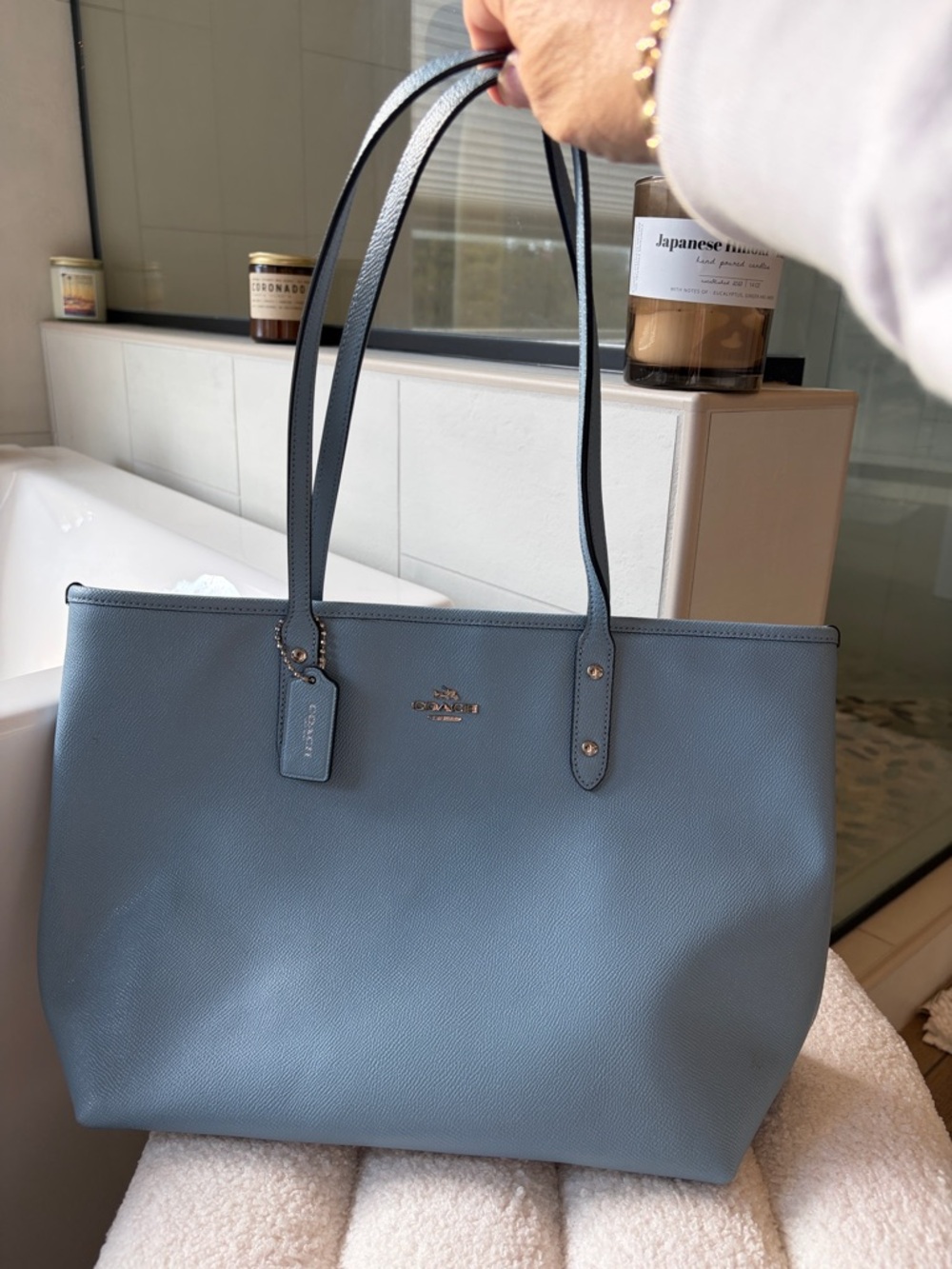 Coach Leather Tote in Dusty Blue with Silver Hardware